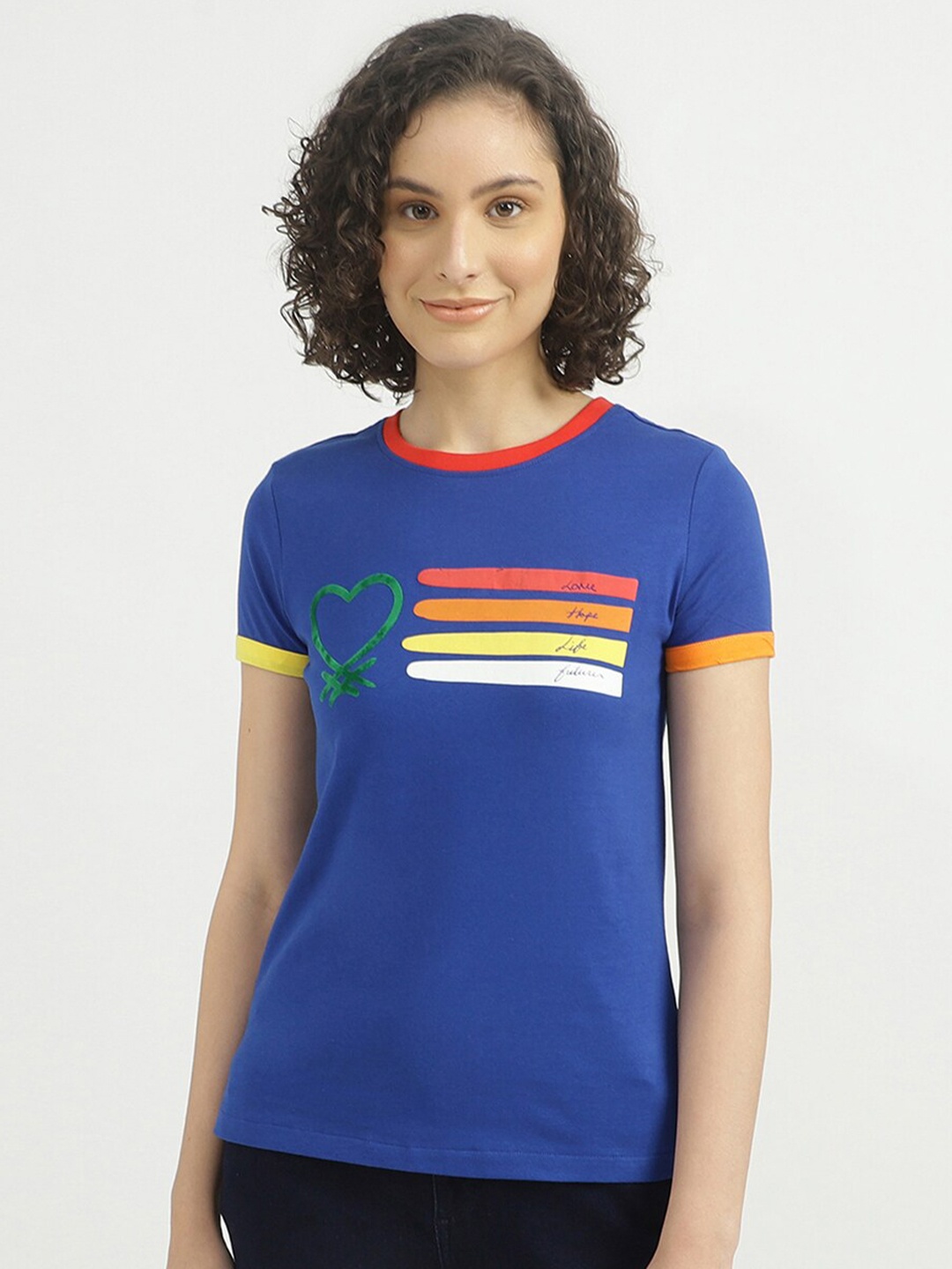 

United Colors of Benetton Women Blue Printed Slim Fit T-shirt