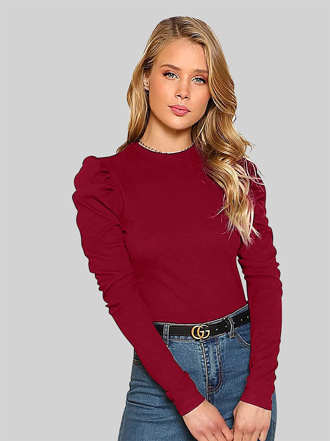 

LONDON BELLY Women Maroon Puff Sleeve Top