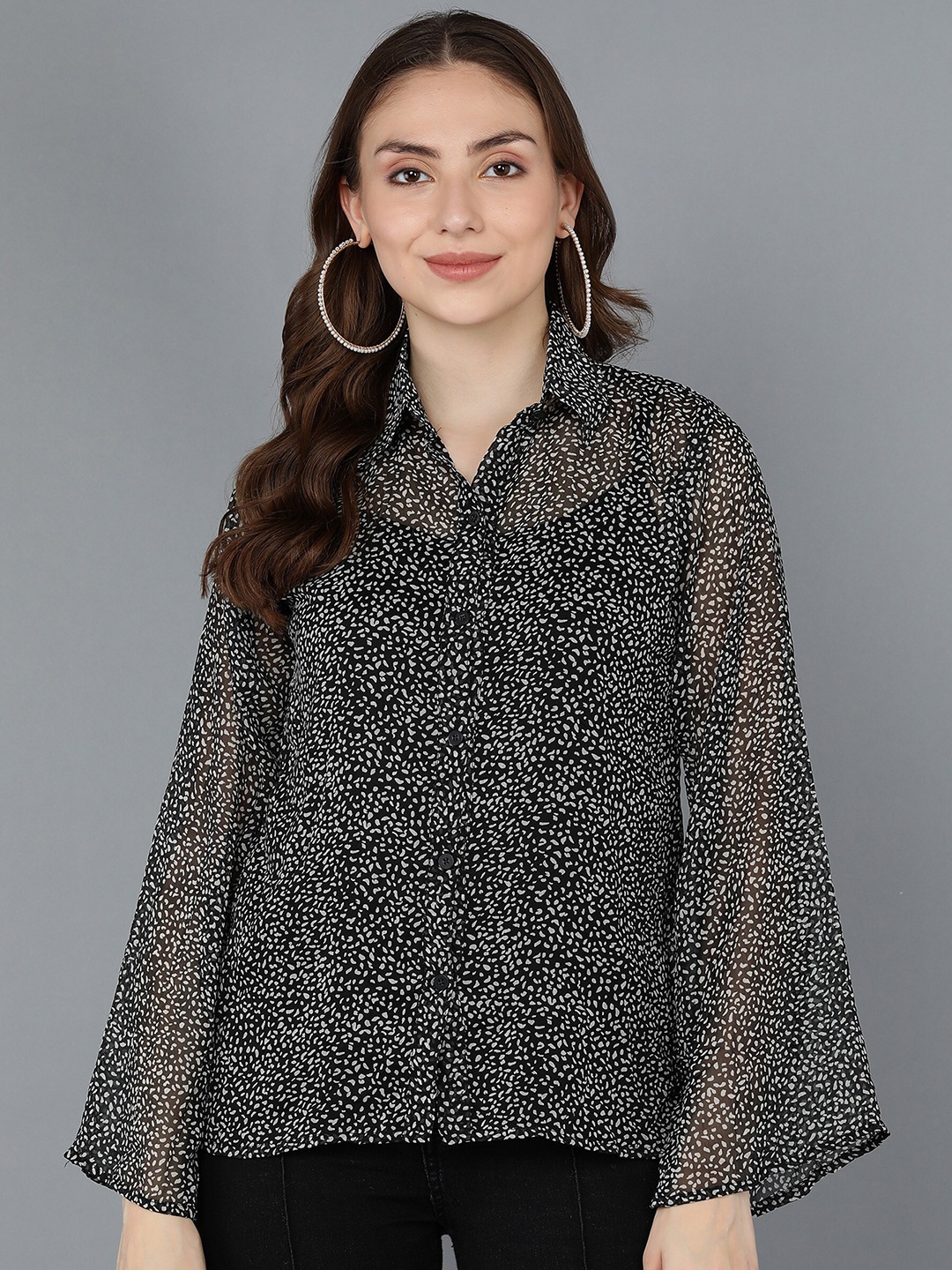 

Fashfun Women Black Semi Sheer Printed Casual Shirt