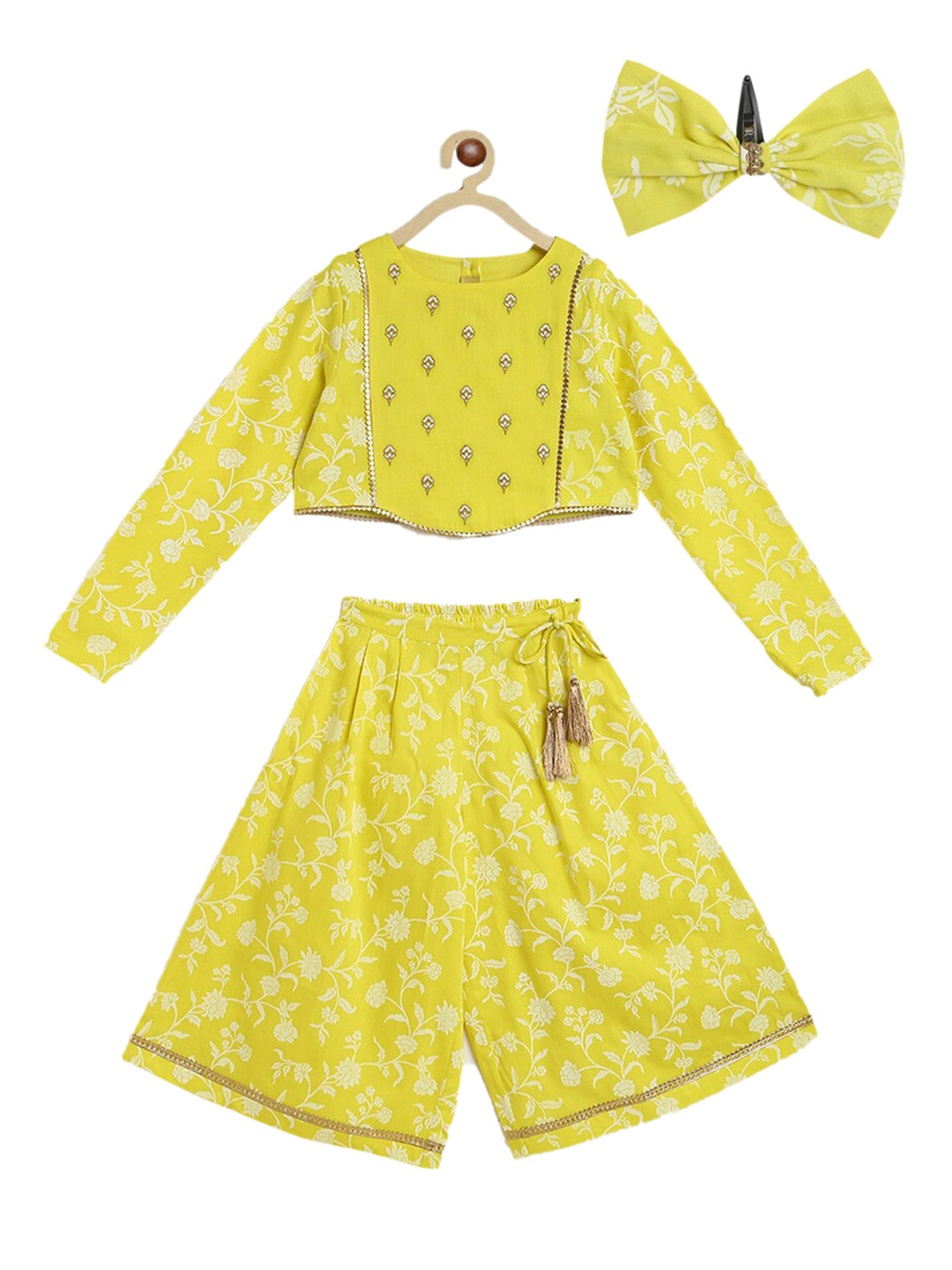 

Tiber Taber Infant Girls Yellow Printed Pure Cotton Clothing Set With Bow Hairclip