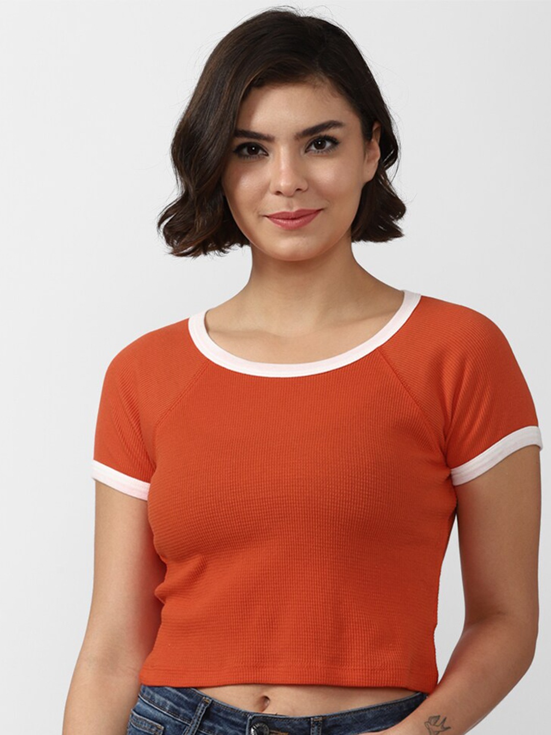 

FOREVER 21 Orange & White Pure Cotton Crop Top