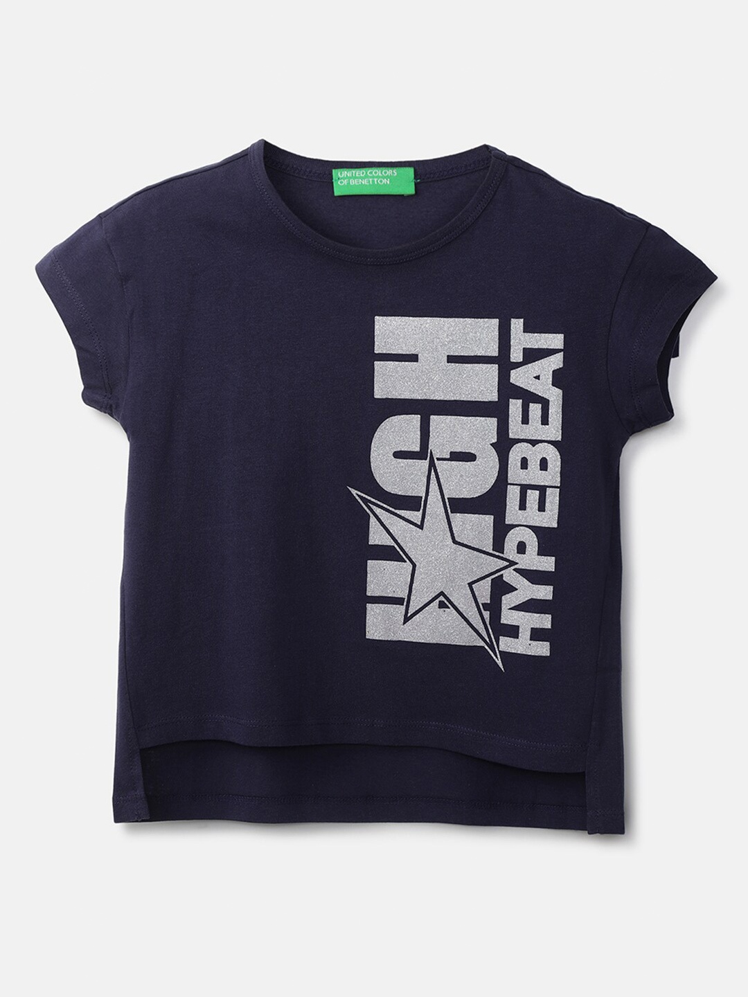 

United Colors of Benetton Girls Navy Blue & Grey Print Pure cotton Top