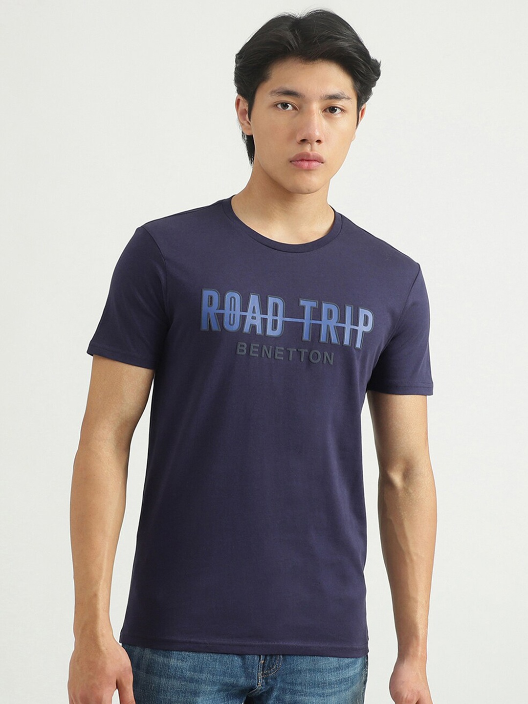 

United Colors of Benetton Men Navy Blue Typography Printed T-shirt