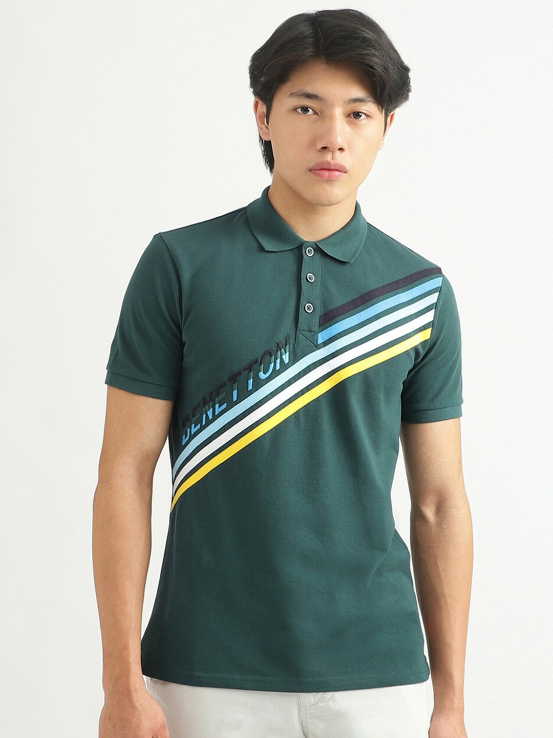 

United Colors of Benetton Men Teal Polo Collar T-shirt