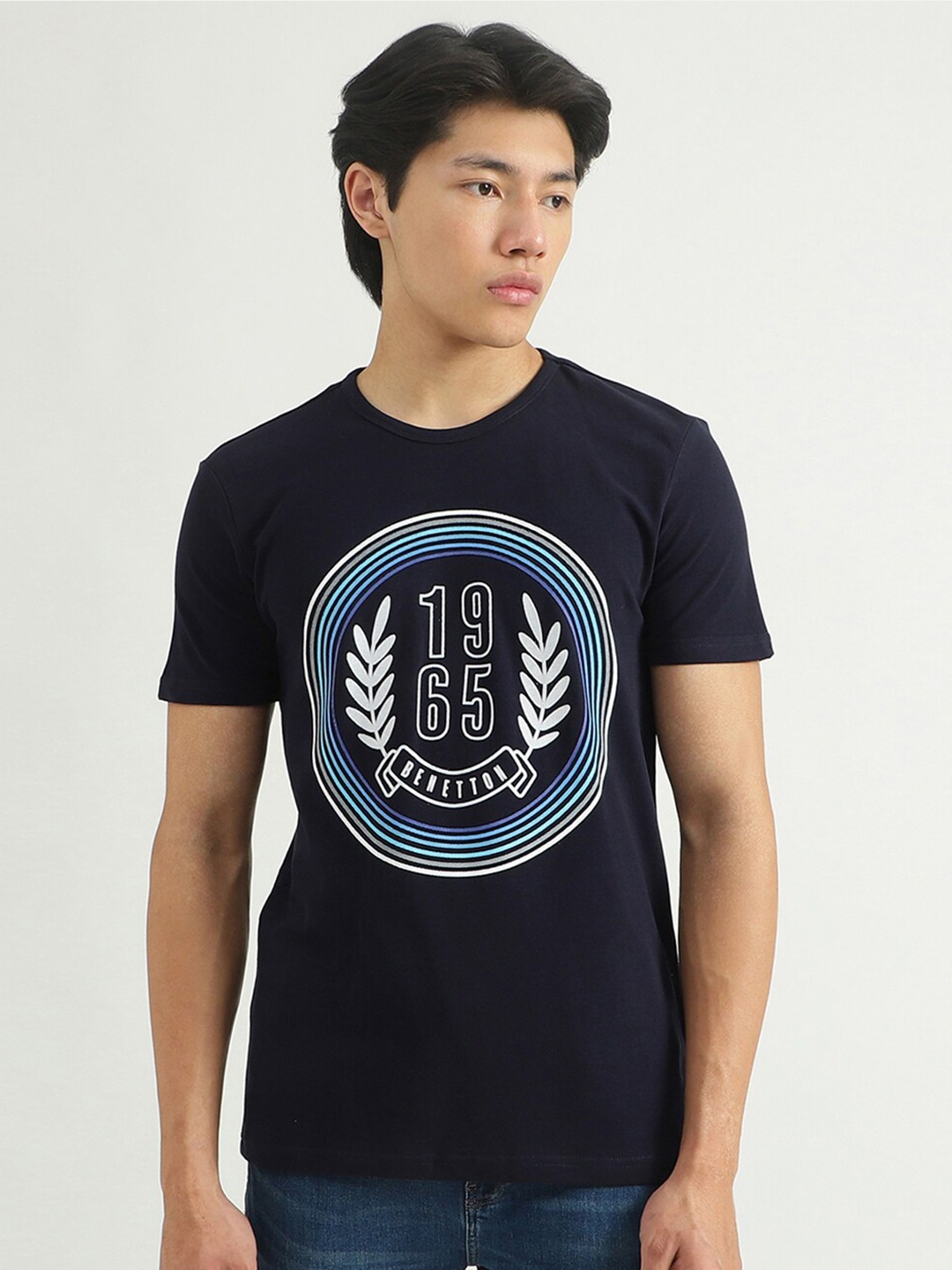 

United Colors of Benetton Men Navy Blue & White Printed T-shirt