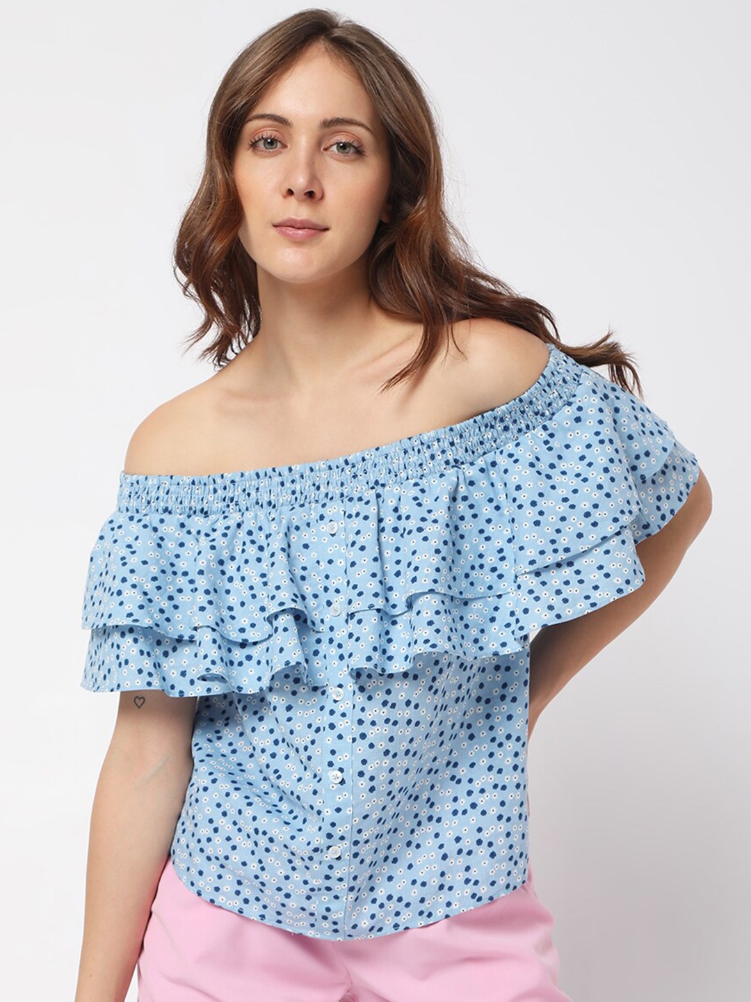 

Vero Moda Blue Floral Print Off-Shoulder Bardot Top