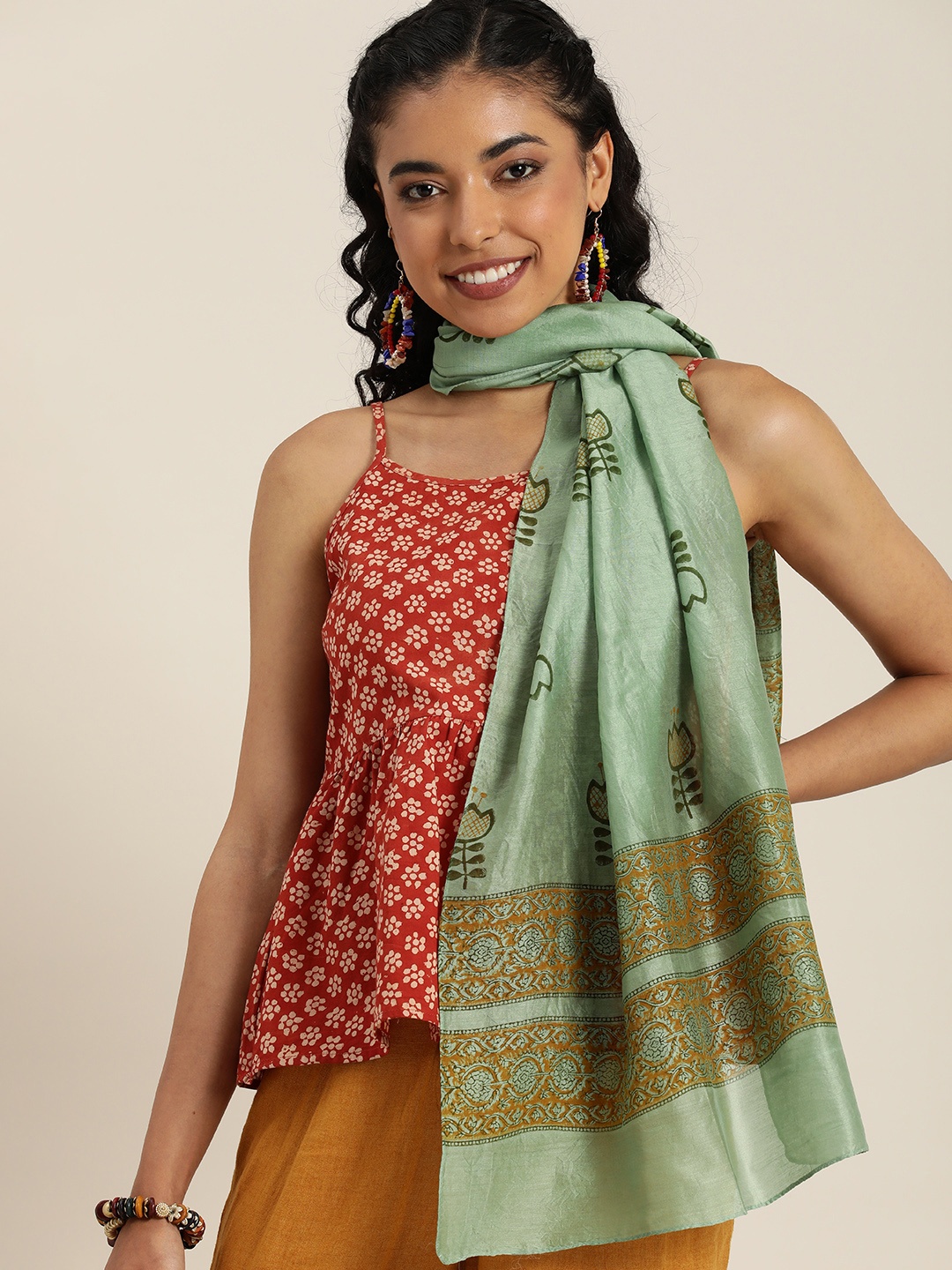 

Taavi Sanganeri Floral Block Printed Stole, Green