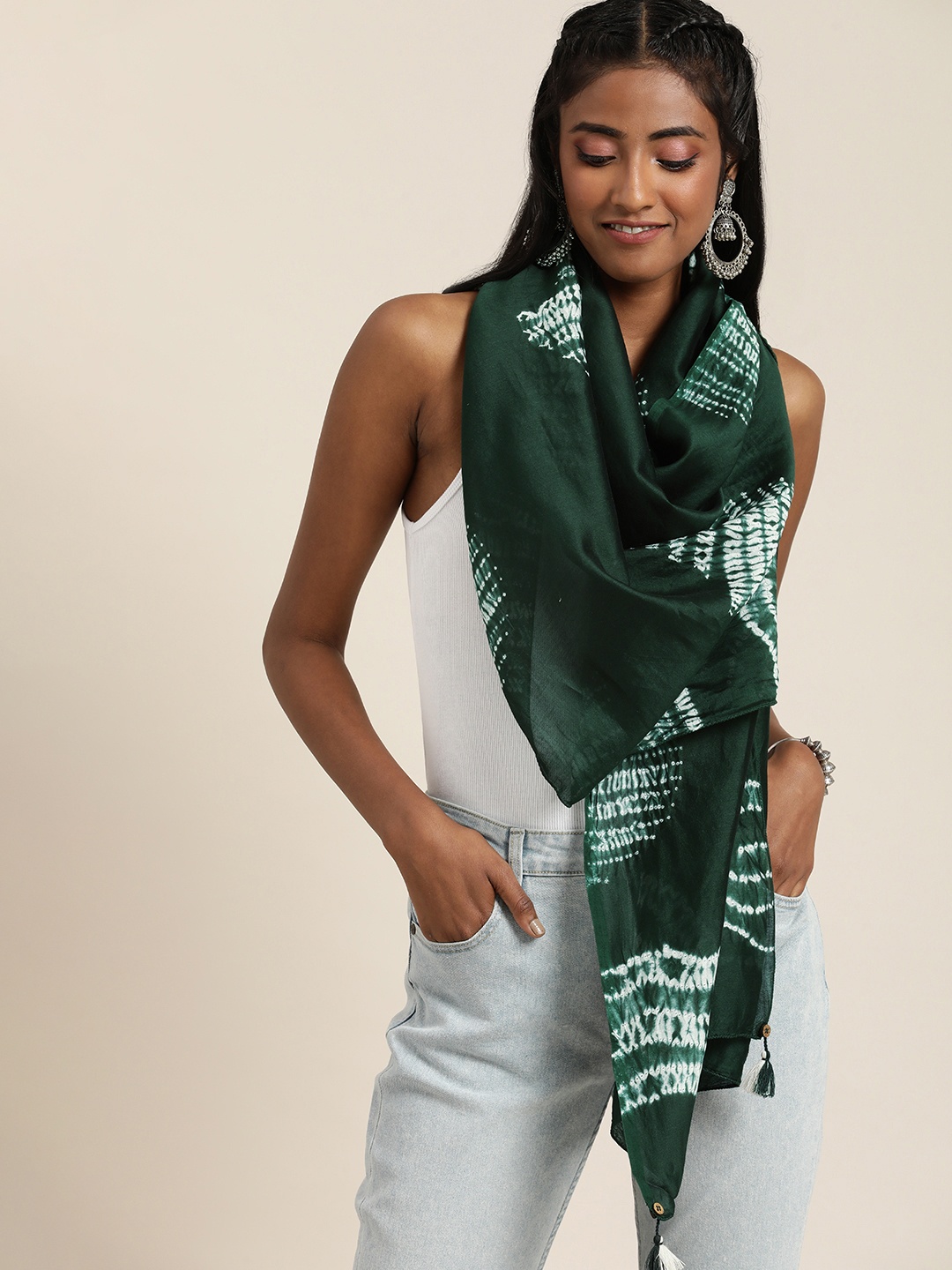 

Taavi Shibori Tie & Dye Ethnic Motifs Geometric Printed Stoles, Green