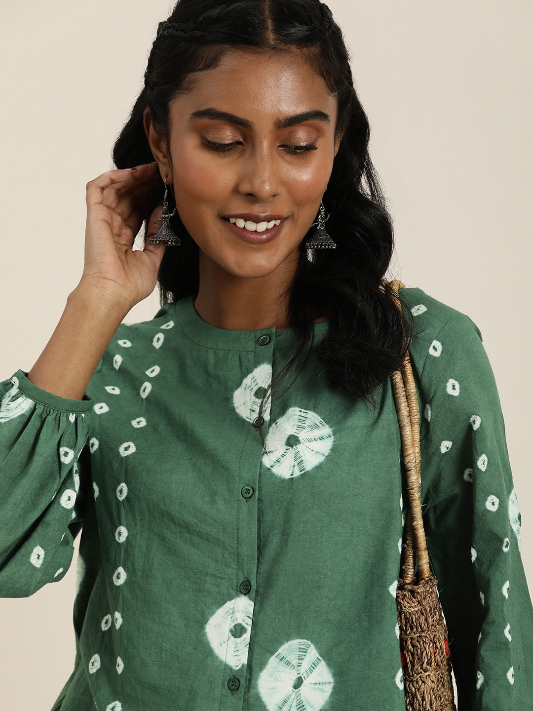 

Taavi Shibori Geometric Print Pure Cotton Shirt Style Top, Green
