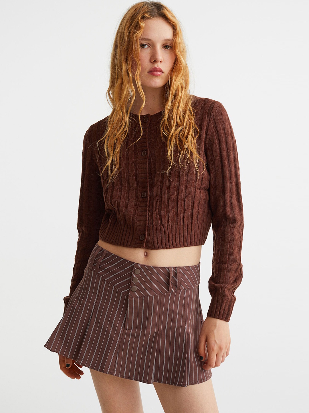 

H&M Woman Striped Pleated Skirt, Brown