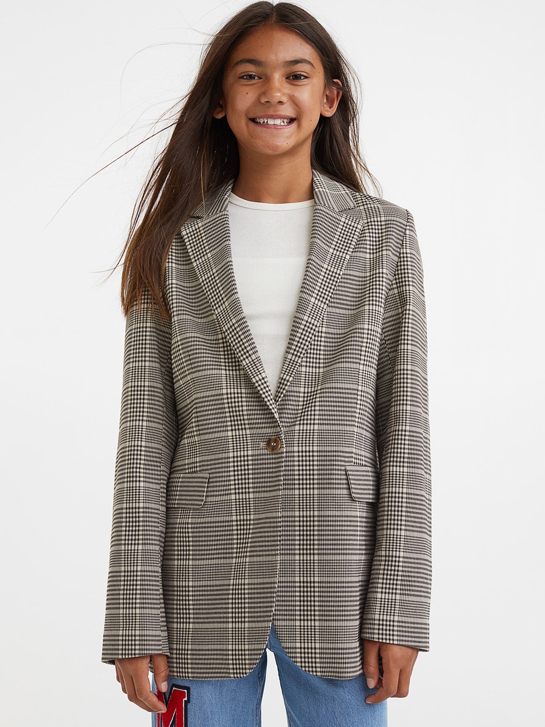

H&M Girls Beige Checked Single-Breasted Blazer