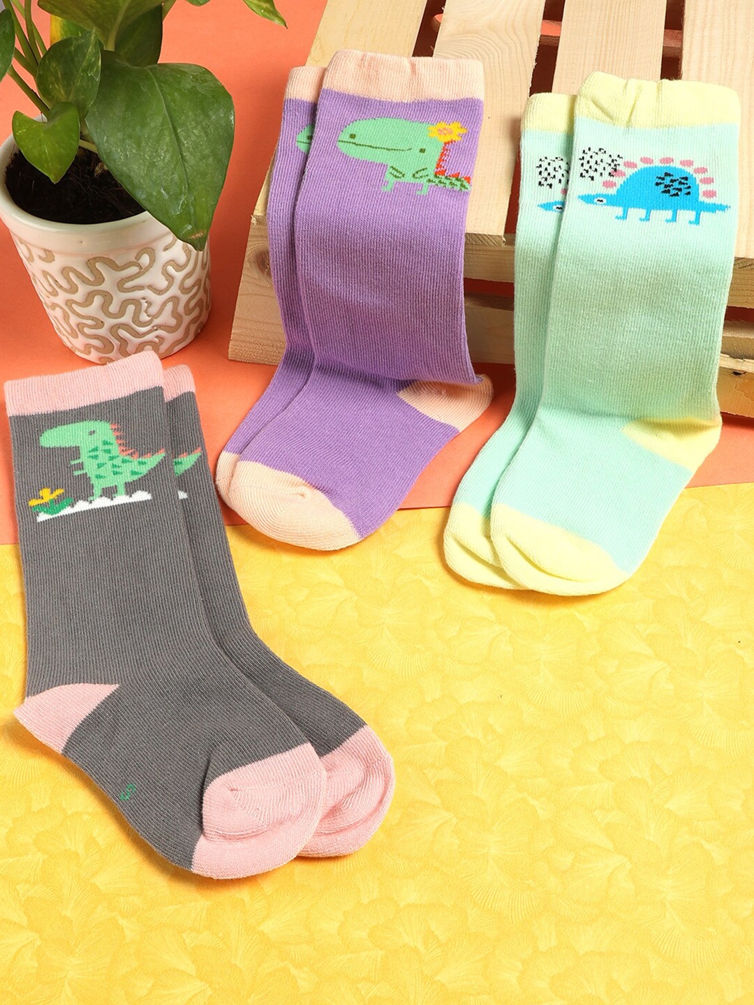 

PASSION PETALS Kids Pack Of 3 Animal Printed Ankle-Length Socks, Grey