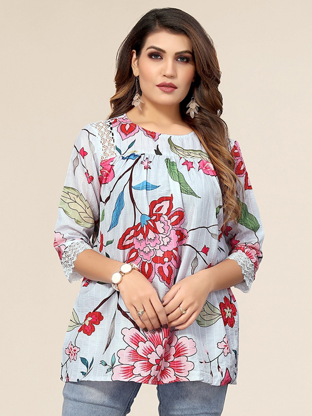 

Winza Designer Grey Floral Print Top