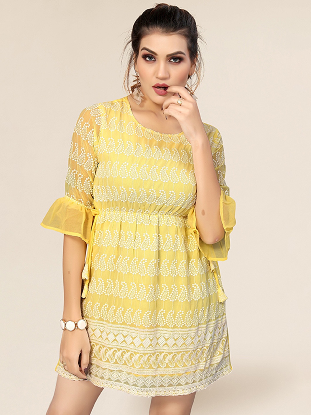 

Winza Designer Yellow Geometric Print Empire Top