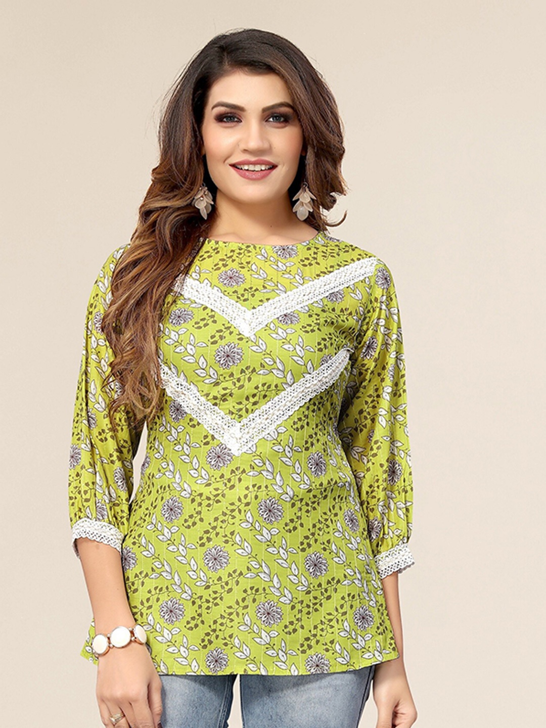 

Winza Designer Women Green Straight Printed Tops