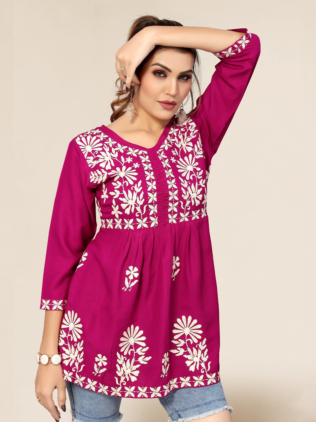 

Winza Designer Pink Floral Embroidered Top