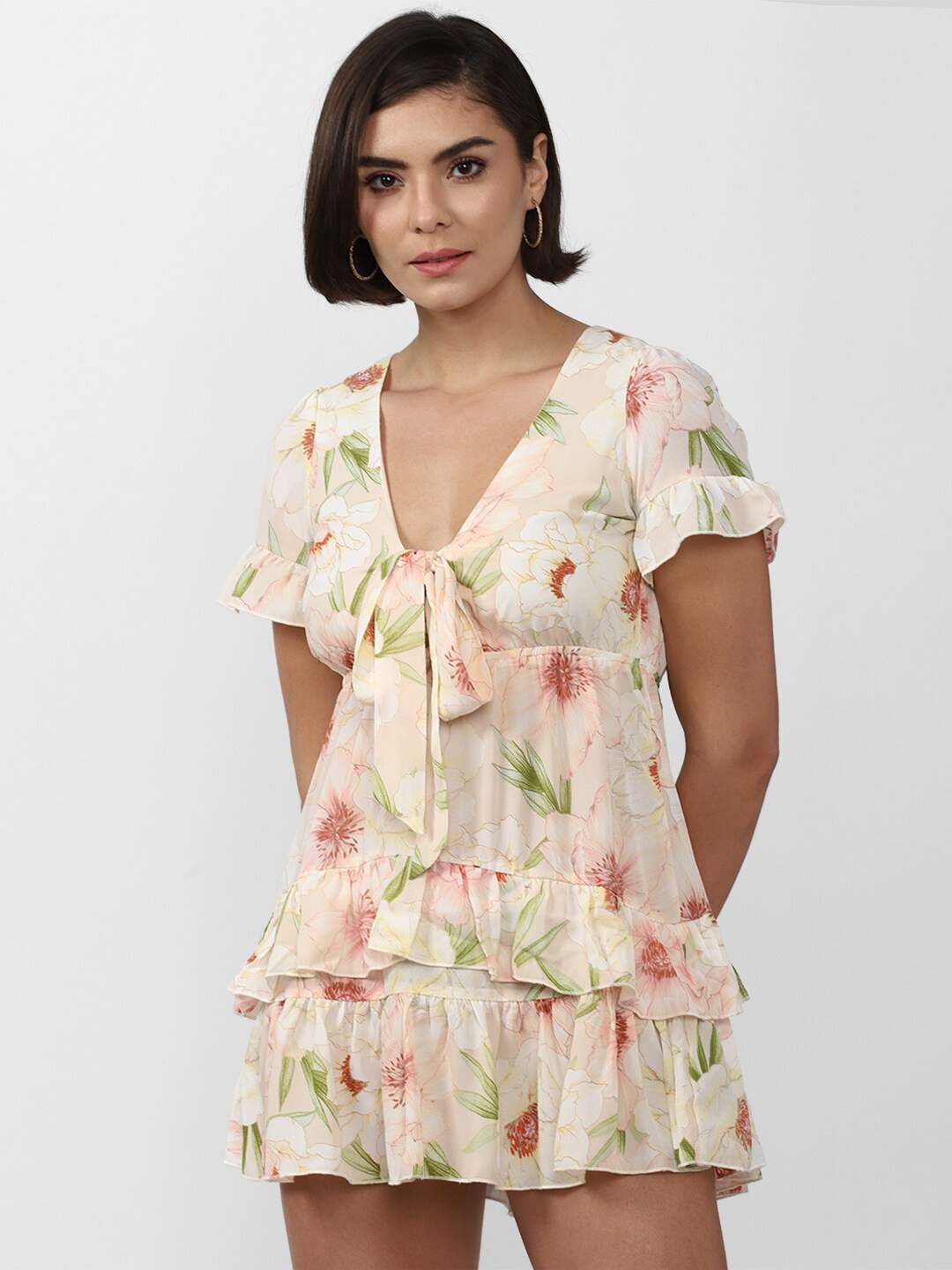 

FOREVER 21 Cream-Coloured Floral Printed A-Line Mini Dress
