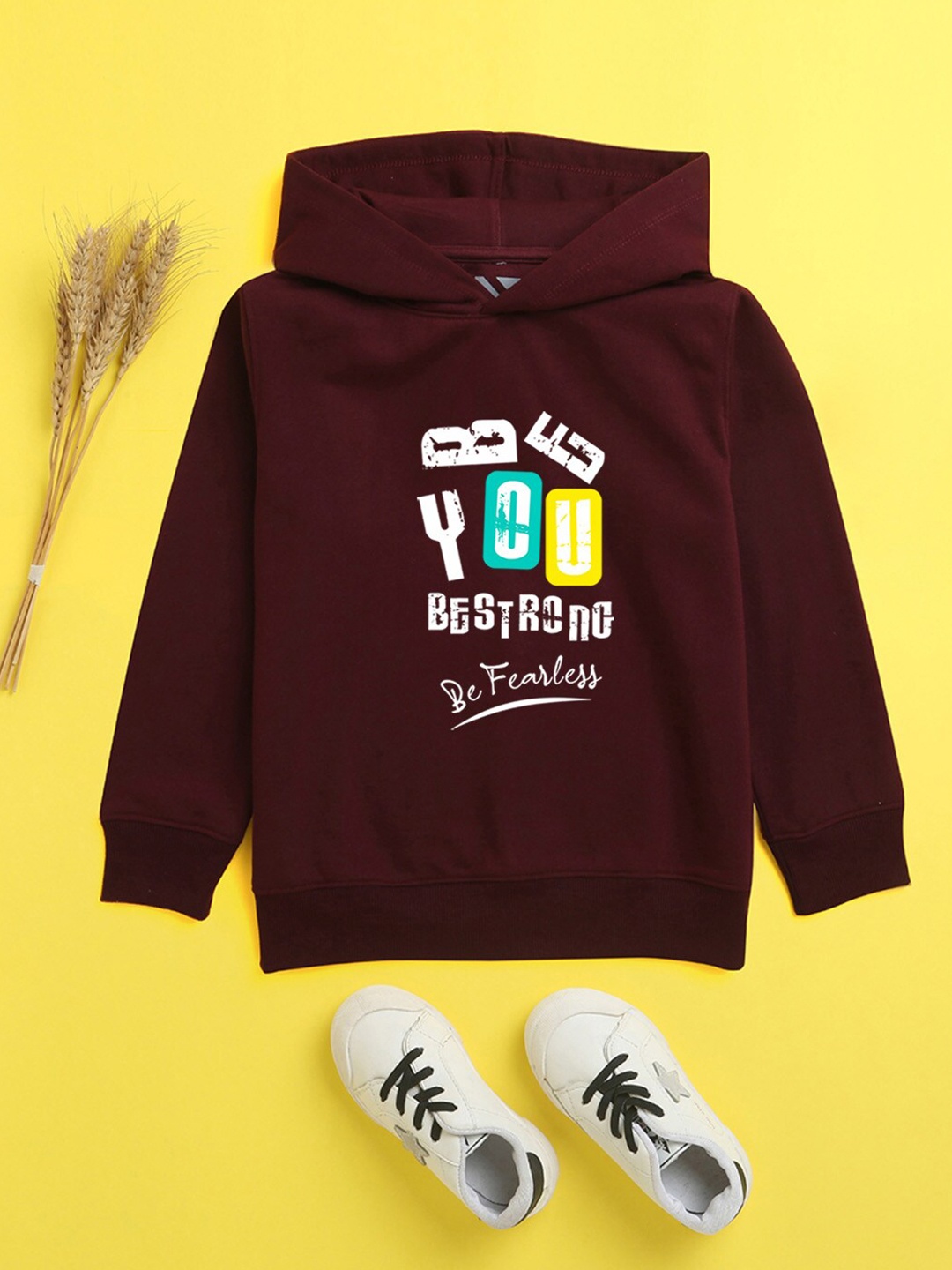 

NUSYL Unisex Kids Burgundy Printed Hooded Sweatshirt