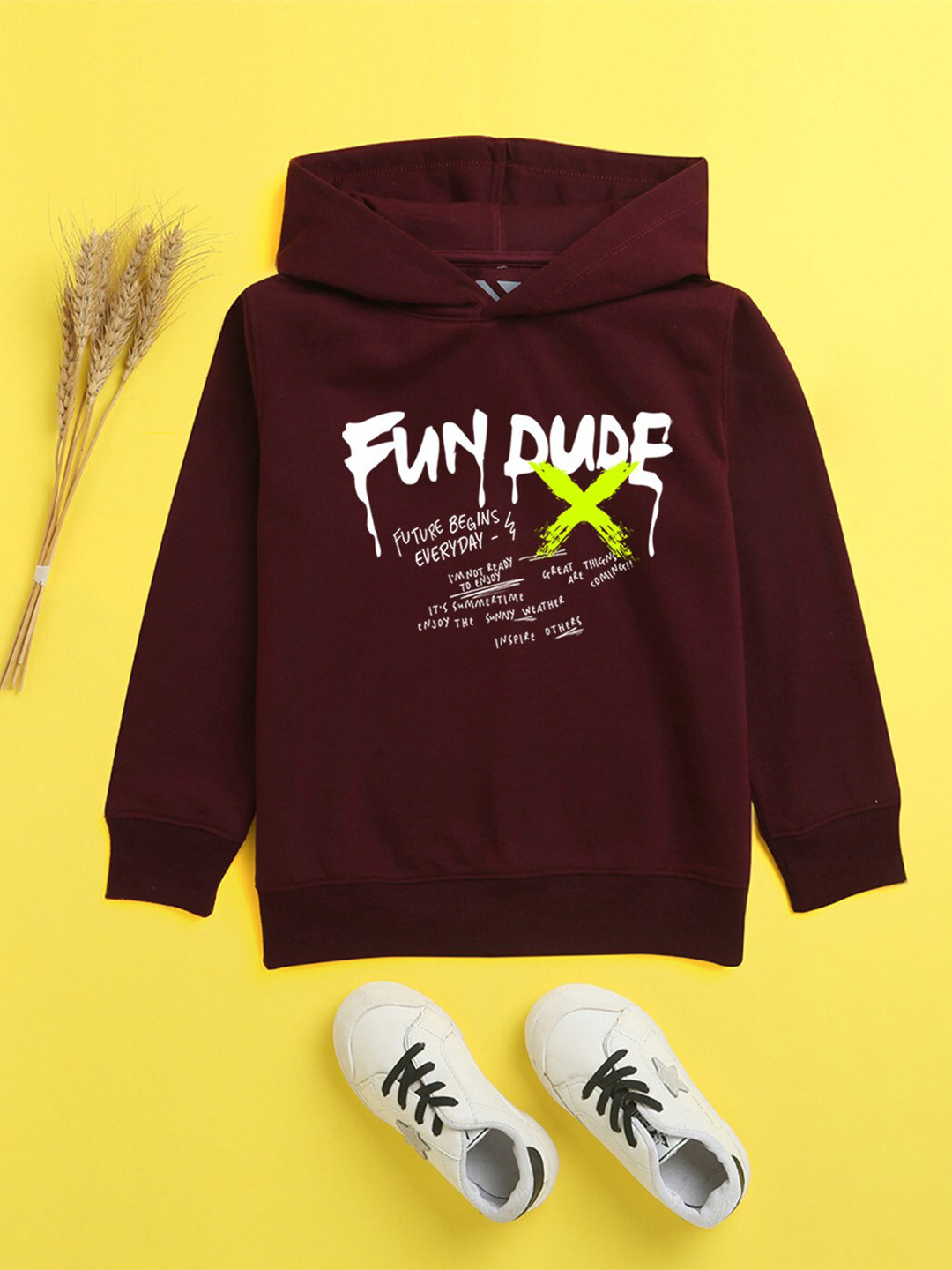 

NUSYL Unisex Kids Burgundy Printed Hooded Sweatshirt