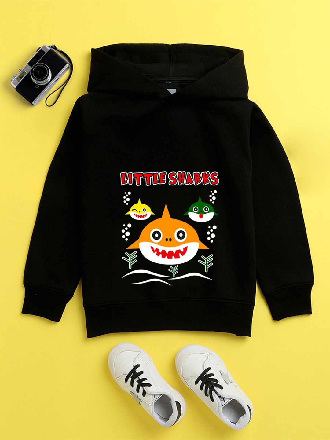 

NUSYL Unisex Kids Black Printed Hooded Sweatshirt