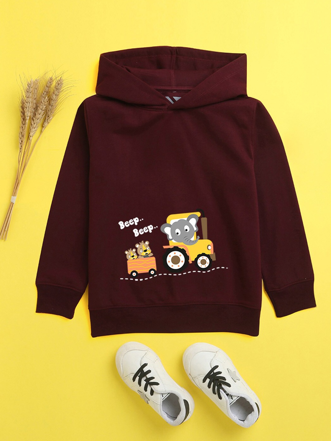 

NUSYL Unisex Kids Burgundy Printed Hooded Sweatshirt