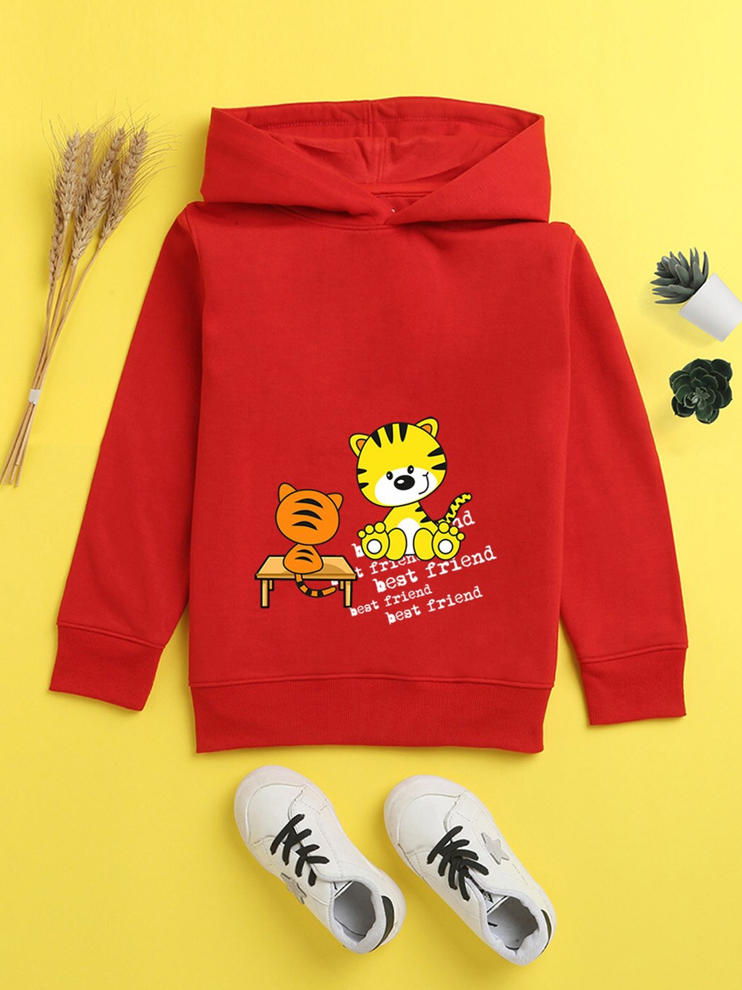 

NUSYL Unisex Kids Red Printed Hooded Sweatshirt