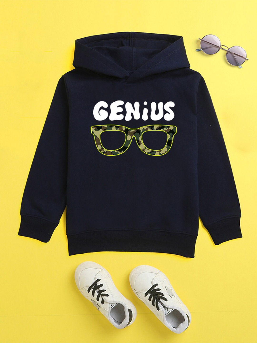 

NUSYL Unisex Kids Navy Blue Printed Hooded Sweatshirt