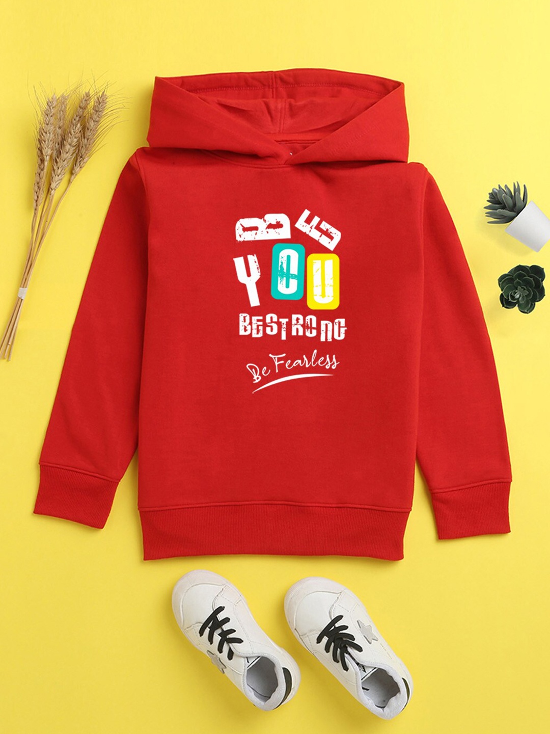

NUSYL Unisex Kids Red Printed Hooded Sweatshirt