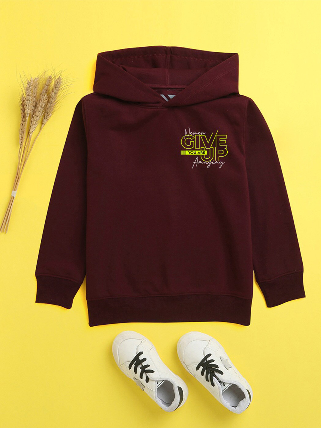 

NUSYL Unisex Kids Burgundy Printed Hooded Sweatshirt