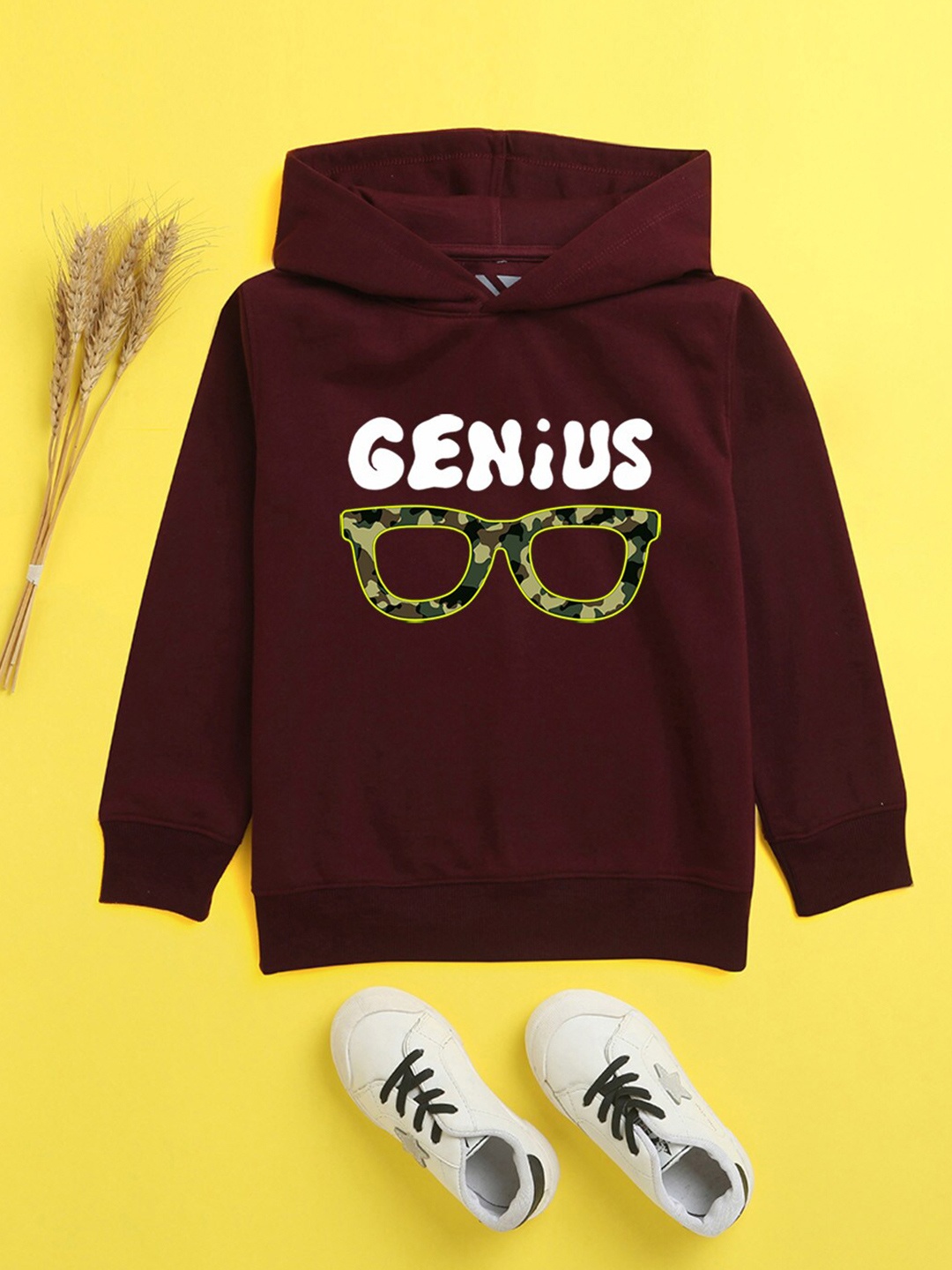 

NUSYL Unisex Kids Printed Burgundy Hooded Sweatshirt