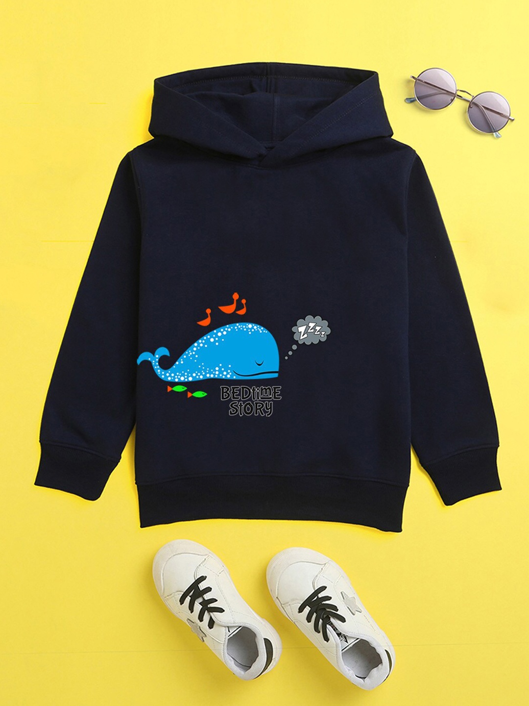 

NUSYL Unisex Kids Printed Navy Blue Hooded Sweatshirt