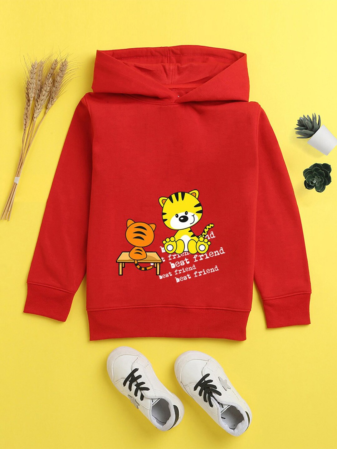

NUSYL Unisex Kids Red Printed Hooded Sweatshirt