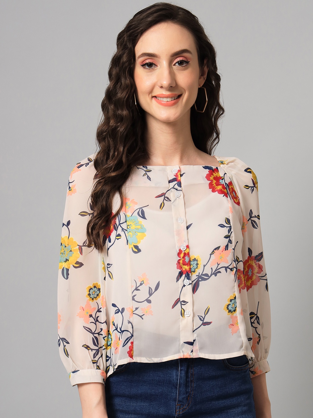 

PURYS White Floral Print Georgette Top