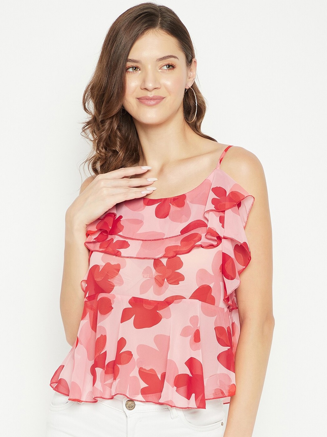 

PURYS Pink Print Ruffles Georgette Top