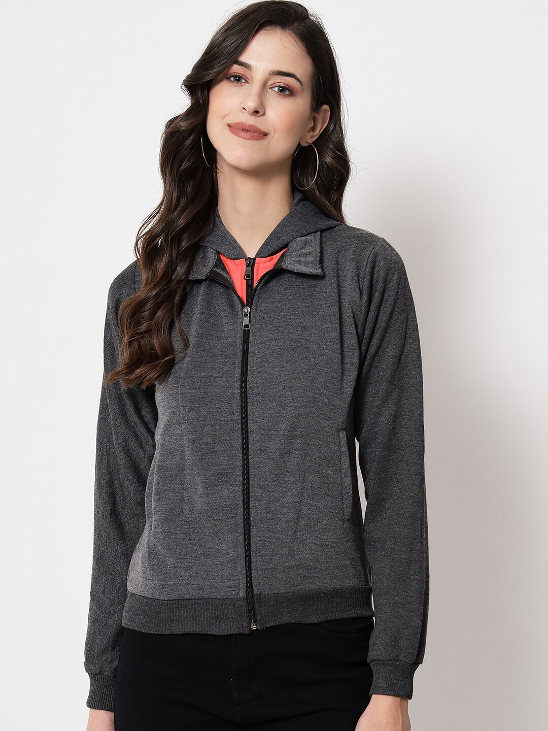 

PURYS Women Grey Orange Fleece Tailored Dual Zipper Jacket