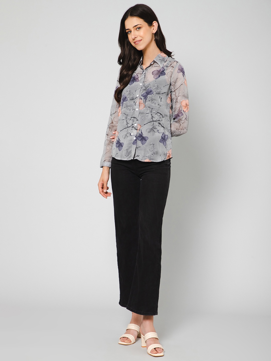 

Purys Women Grey Smart Printed Casual Shirt
