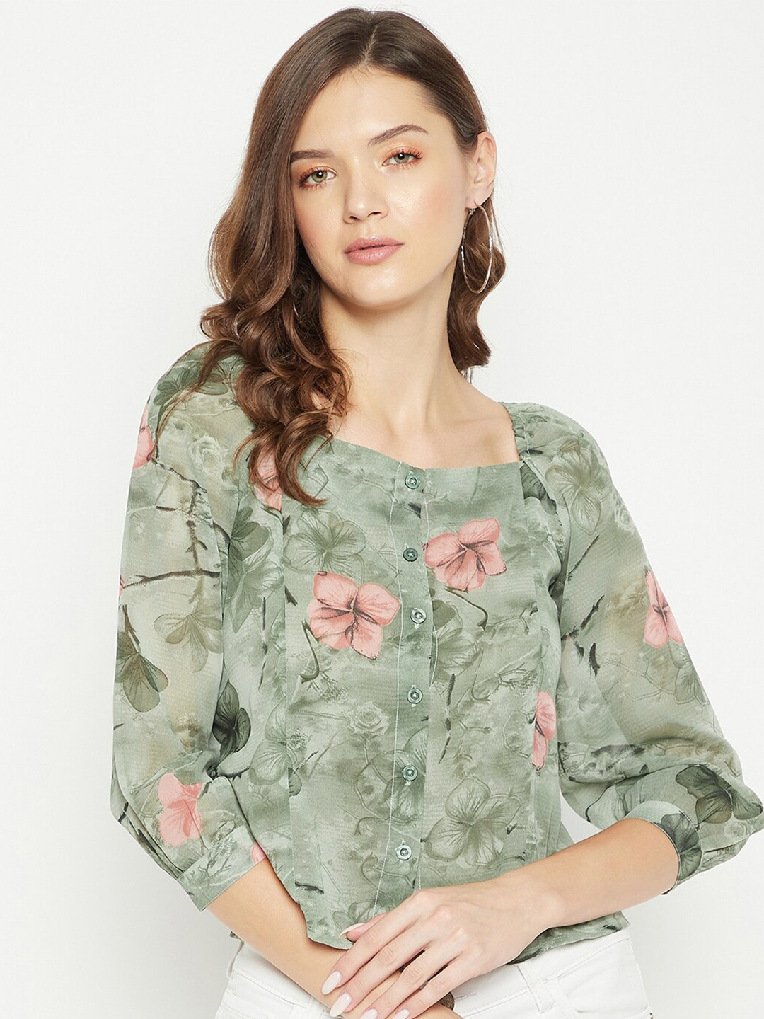 

PURYS Green Floral Print Georgette Blouson Top