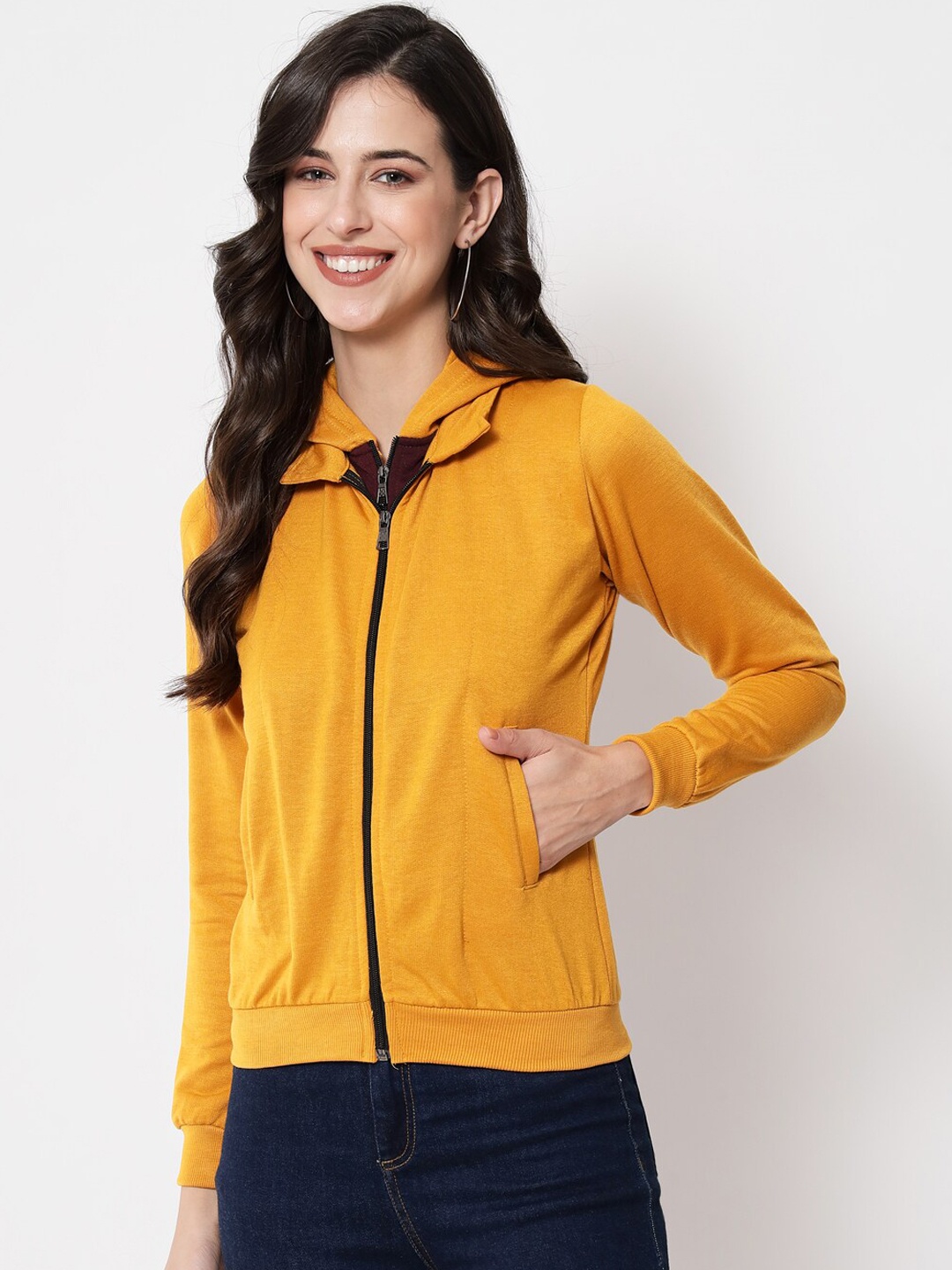 

PURYS Women Mustard Yellow & Brown Fleece Tailored Dual Zipper Jacket