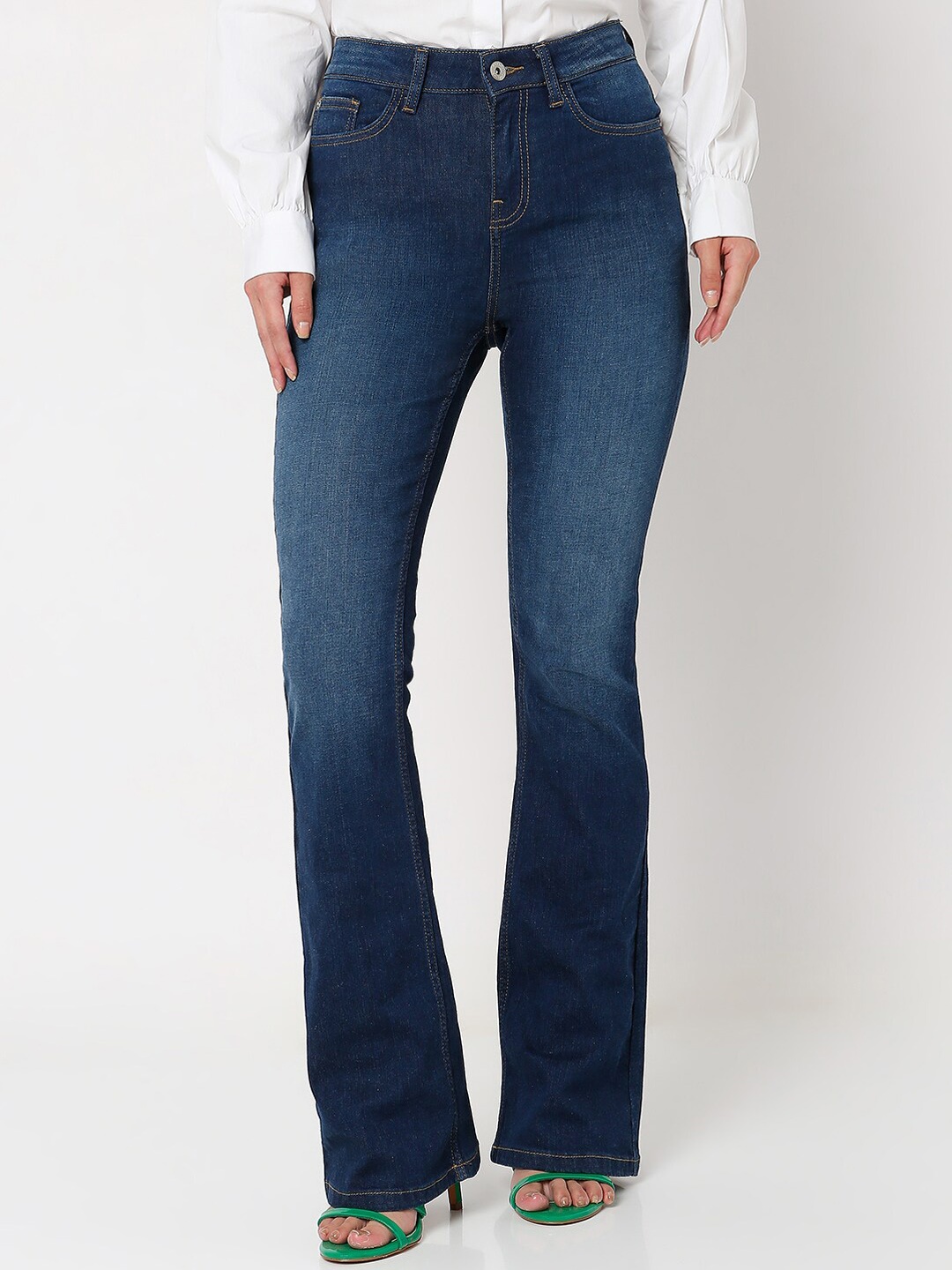 

Vero Moda Women Flared High-Rise Light Fade Cotton Jeans, Navy blue