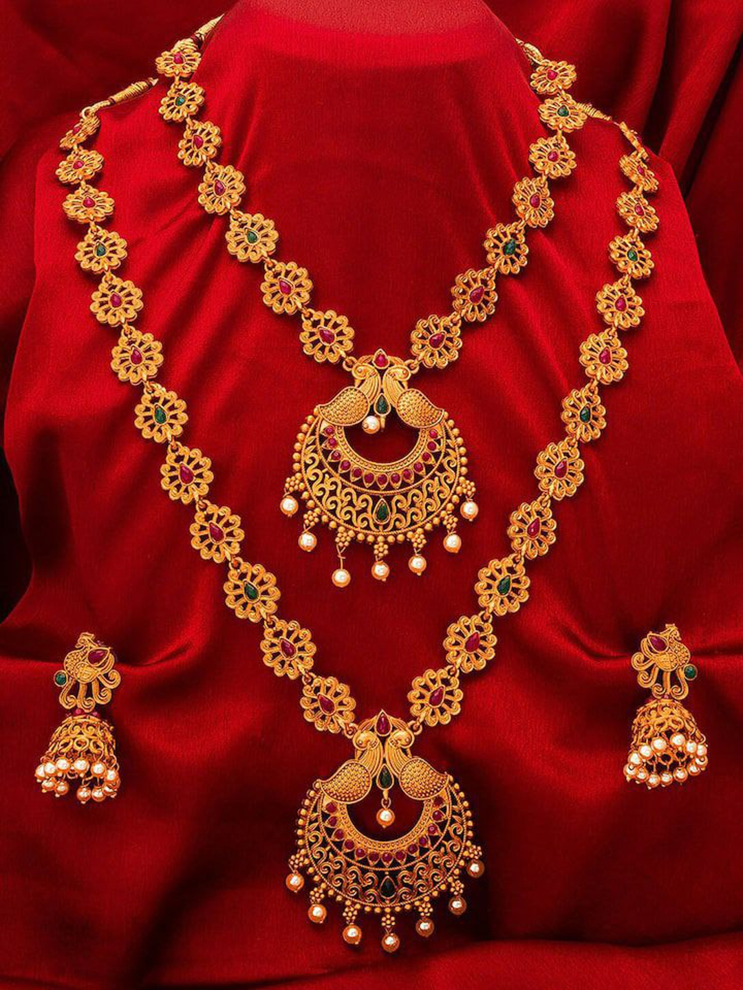 

LAFORWORD Gold-Plated Pink & Green Kundan Studded & Beaded Jewellery Set