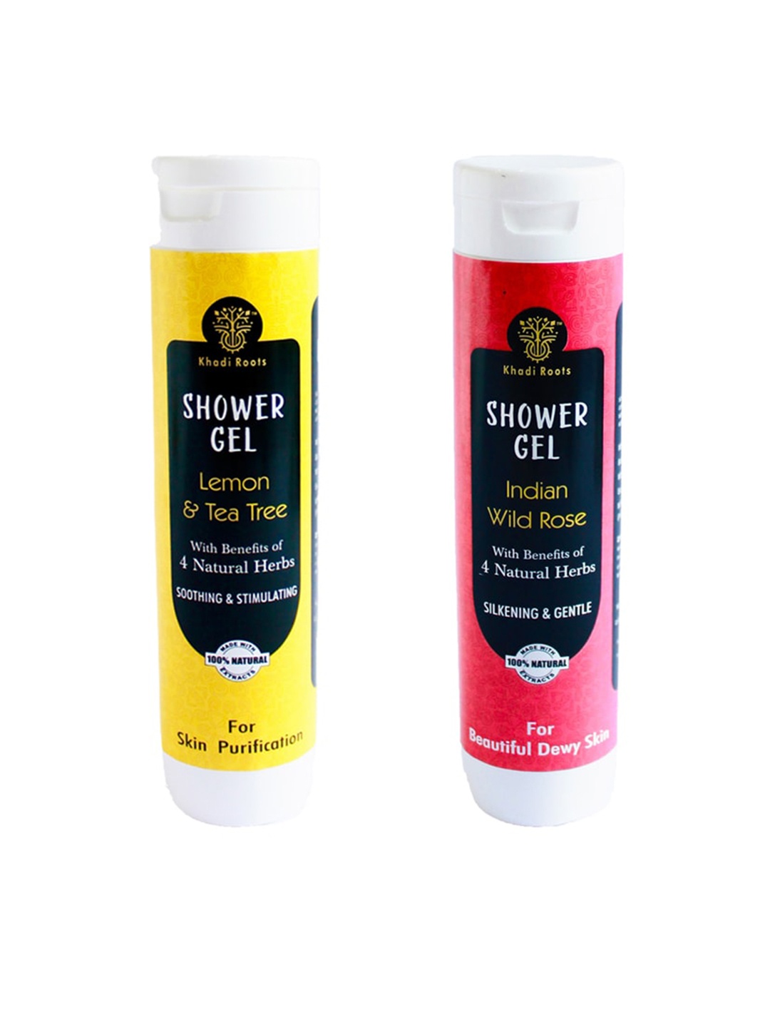 

Khadi Roots Set Of 2 Shower Gel - Lemon & Tea Tree + Indian Wild Rose - 200ml Each, Yellow