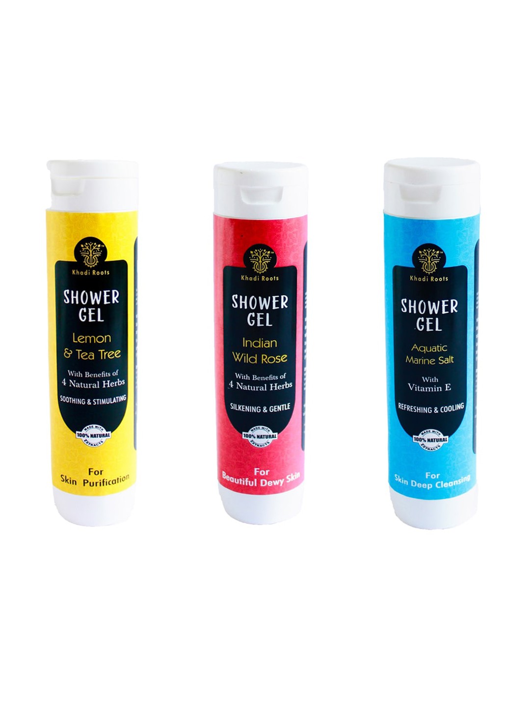 

Khadi Roots Set Of 3 Shower Gel - Aquatic Marine Salt + Wild Rose + Lemon - 200ml Each, Yellow