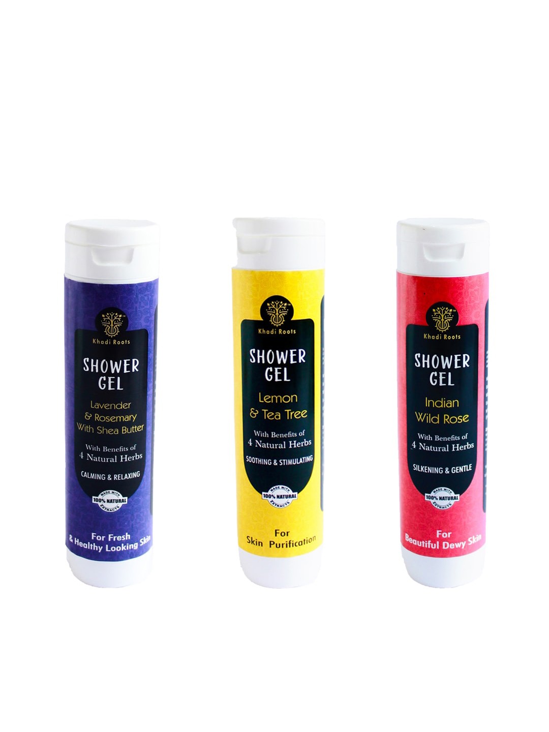 

Khadi Roots Set Of 3 Shower Gel - Lavender + Wild Rose + Lemon & Tea Tree - 200ml Each, Purple