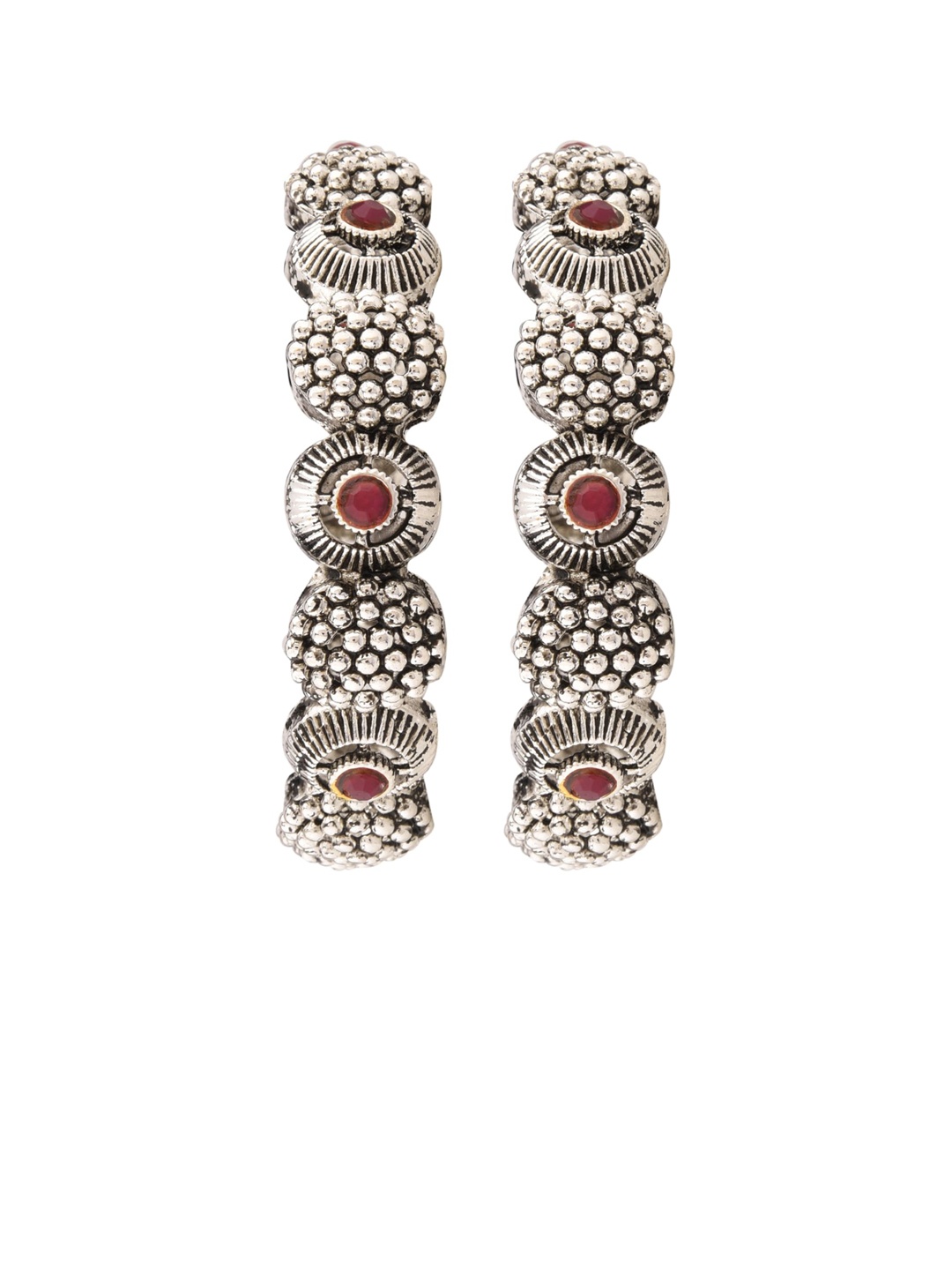 

FEMMIBELLA Set Of 2 Oxidised Silver-Plated Red Stone-Studded Bangles