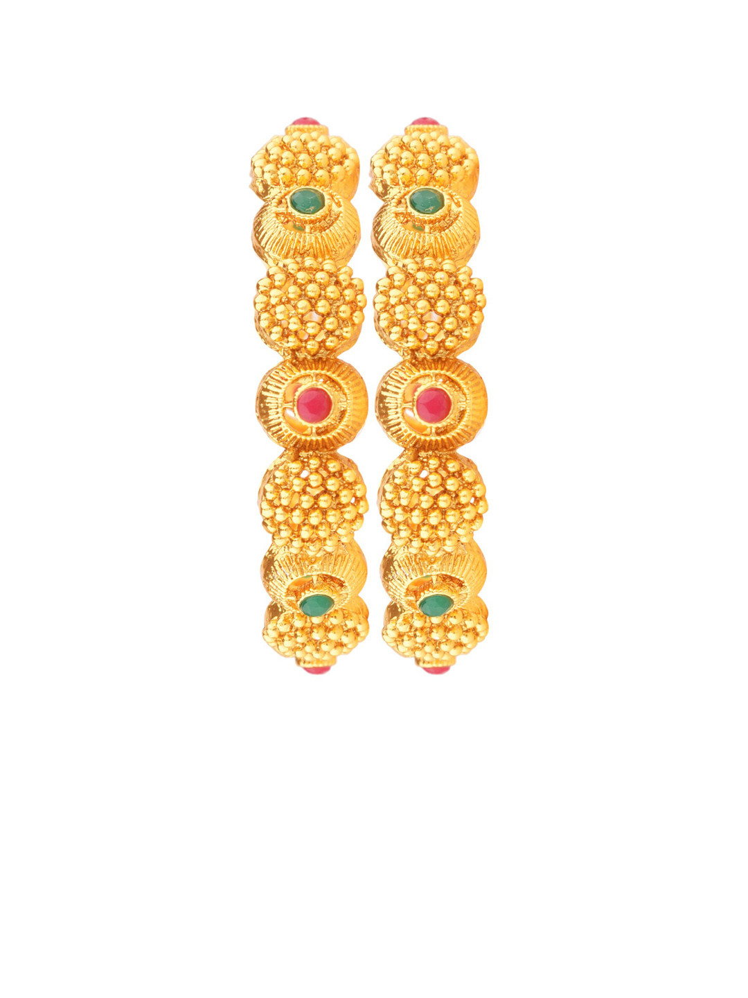 

FEMMIBELLA Set Of 2 Gold-Plated Green & Red Stone-Studded & Pearl Beaded Bangles