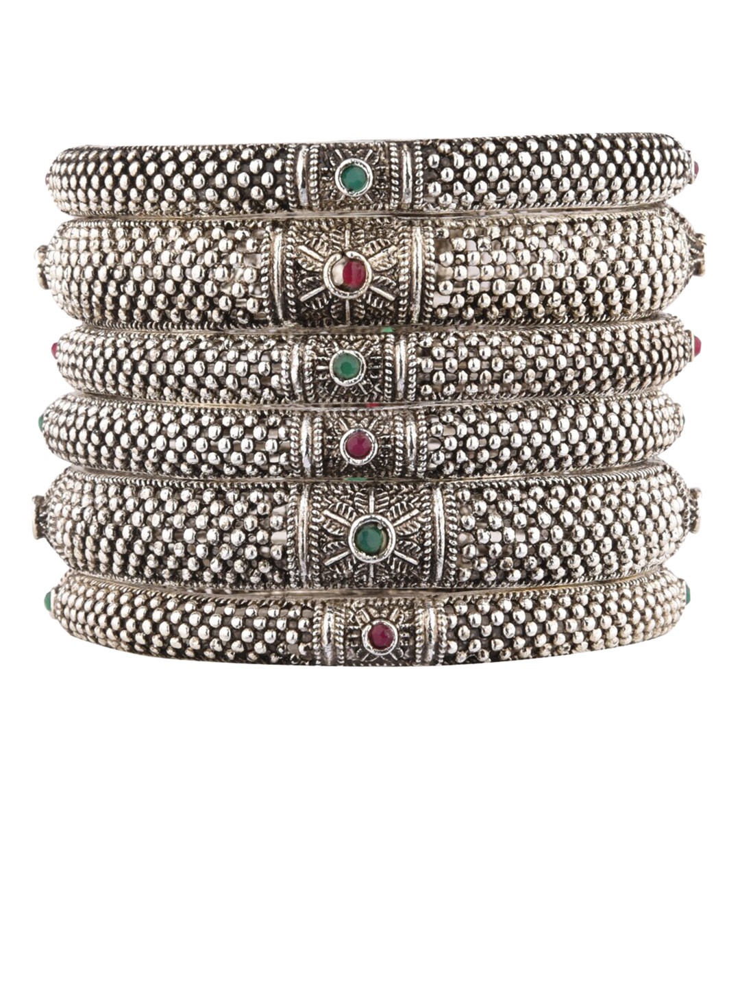 

FEMMIBELLA Set Of 6 Silver-Plated Silver Colored Stone-Studded Bangles