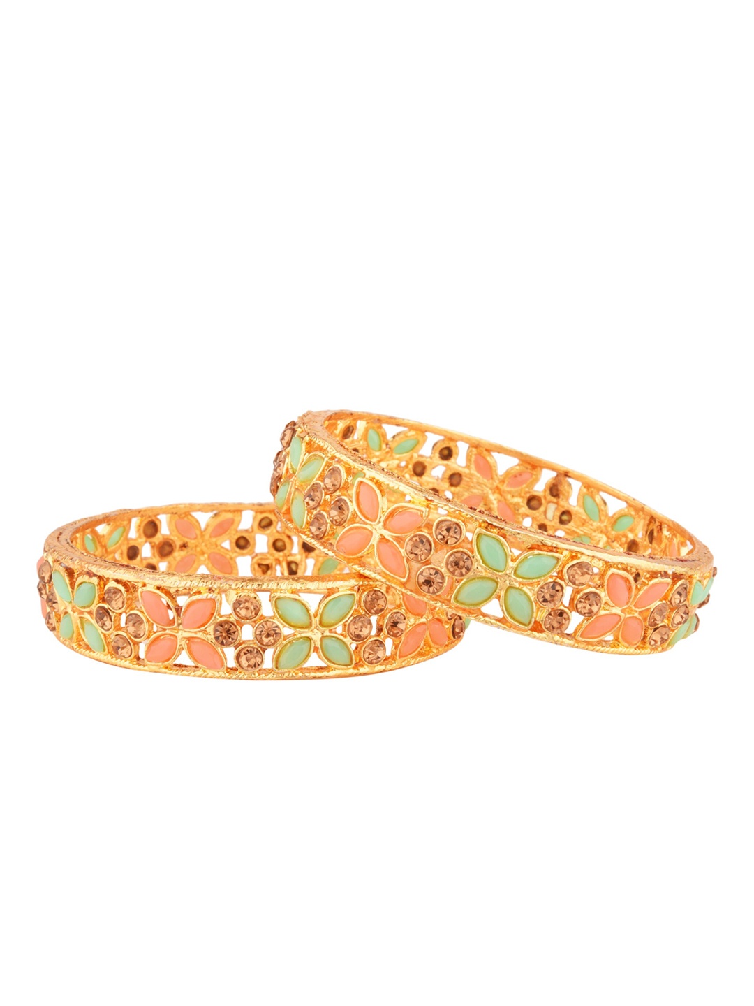 

FEMMIBELLA Set Of 4 Gold-Plated Peach-coloured & Green Stone-Studded Bangles