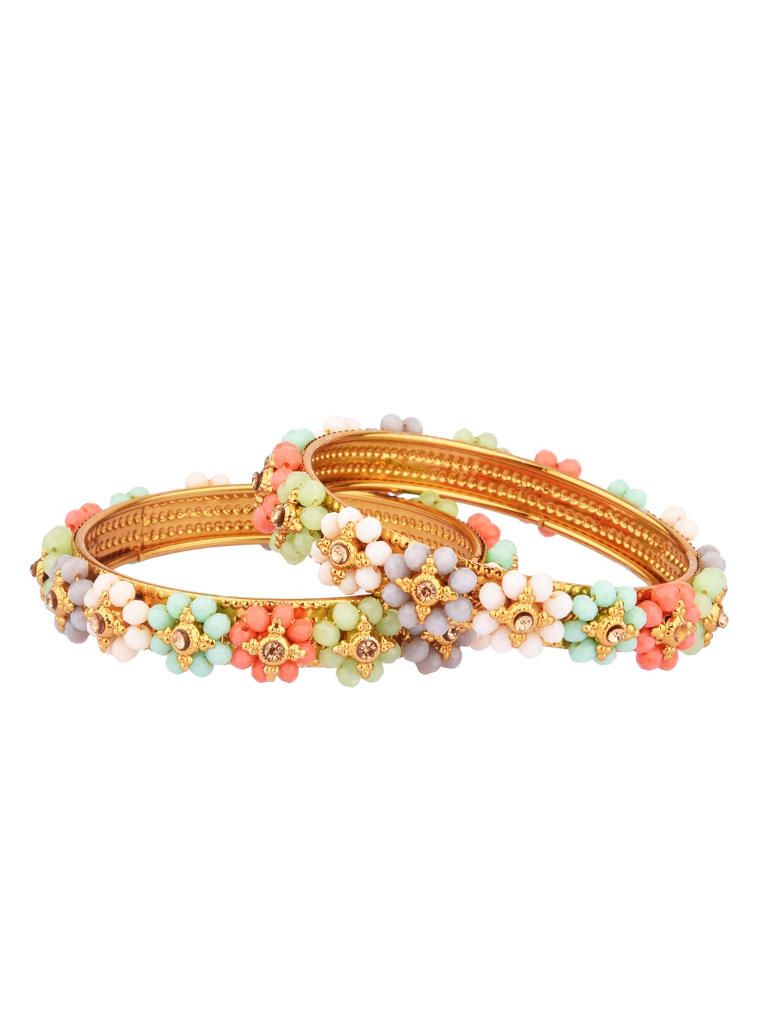 

FEMMIBELLA Set Of 2 Gold-Plated White & Green Stone-Studded & Pearl Beaded Bangles