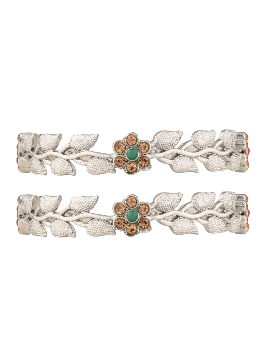 

FEMMIBELLA Set Of 2 Silver-Plated White Stone-Studded Bangles