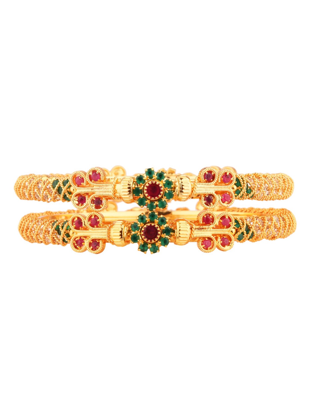 

FEMMIBELLA Women Set of 2 Gold-Plated Green & Red Stone Studded Bangles Set